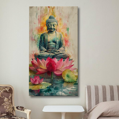 Watercolor Buddha on Lotus Canvas Wall Art – Spiritual Serenity with Artistic Charm