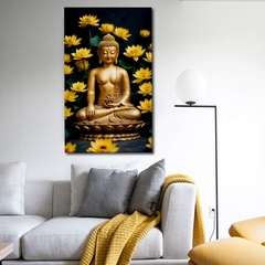 Golden Buddha with Lotus Flowers – Luxurious Canvas Wall Art for Spiritual Decor