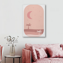 Minimalist Moon & Palm Trees Wall Art – Soft Pink Canvas Print