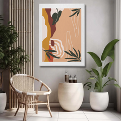 Abstract Boho Canvas Wall Art – Earthy Tones with Minimal Line & Leaf Accents