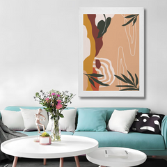 Abstract Boho Canvas Wall Art – Earthy Tones with Minimal Line & Leaf Accents