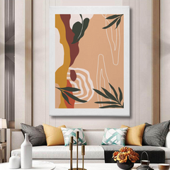 Abstract Boho Canvas Wall Art – Earthy Tones with Minimal Line & Leaf Accents