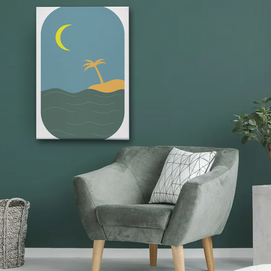 Tropical Night Beach Canvas Wall Art – Minimalist Palm Island Decor