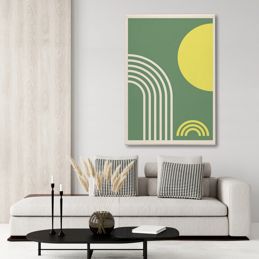 Boho Rainbow Geometric Canvas Wall Art – Modern Minimalist Decor in Green & Yellow