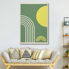 Boho Rainbow Geometric Canvas Wall Art – Modern Minimalist Decor in Green & Yellow