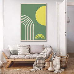 Boho Rainbow Geometric Canvas Wall Art – Modern Minimalist Decor in Green & Yellow