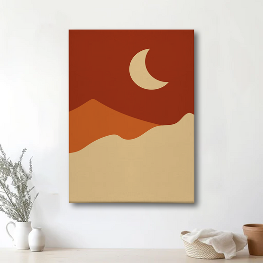 Minimalist Desert Night Canvas Wall Art – Crescent Moon and Sand Dunes