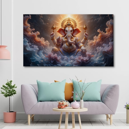 Celestial Ganesha in Divine Clouds Canvas Wall Art – Blessings from the Heavens