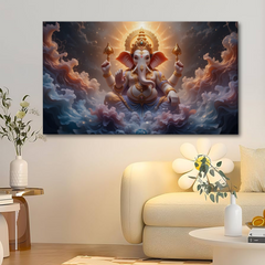 Celestial Ganesha in Divine Clouds Canvas Wall Art – Blessings from the Heavens