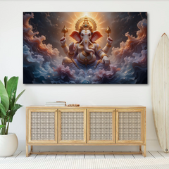 Celestial Ganesha in Divine Clouds Canvas Wall Art – Blessings from the Heavens