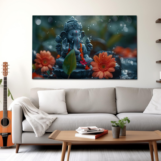 Peaceful Ganesha with Floral Accents Canvas Wall Art – Divine Calm & Blessings