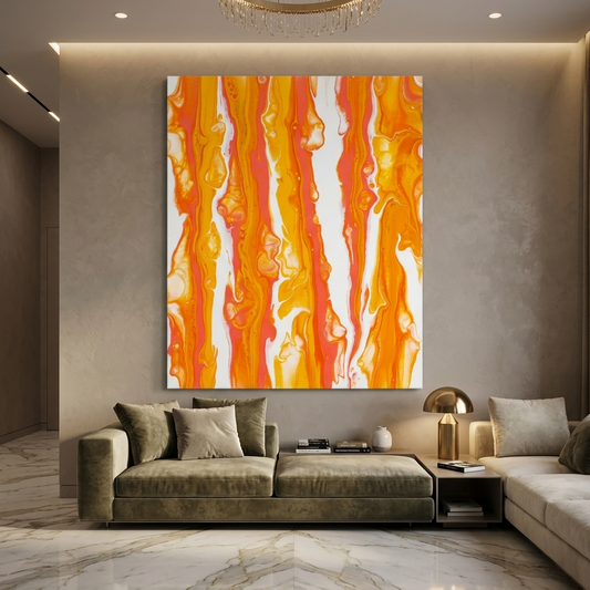Molten Sunrise — Abstract Orange & Coral Fluid Art Canvas Wall Print