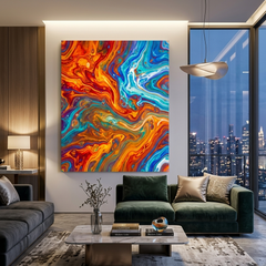Cosmic Drift — Vibrant Orange & Turquoise Marble Fluid Art Abstract Canvas Wall Print