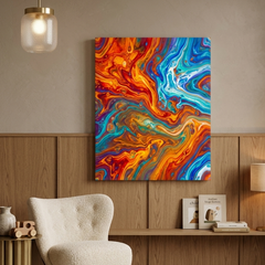 Cosmic Drift — Vibrant Orange & Turquoise Marble Fluid Art Abstract Canvas Wall Print