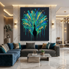 Peacock in Full Glory — Teal Gold Paint Drip Canvas Wall Art Prints