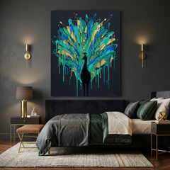 Peacock in Full Glory — Teal Gold Paint Drip Canvas Wall Art Prints