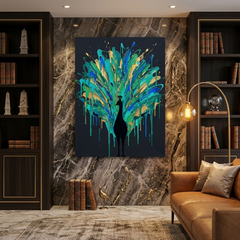 Peacock in Full Glory — Teal Gold Paint Drip Canvas Wall Art Prints