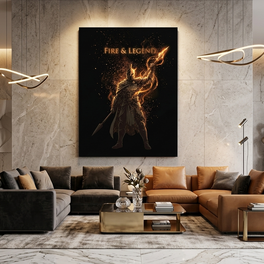 Fire & Legend — Golden Warrior Glitch Art Canvas Wall Art Prints
