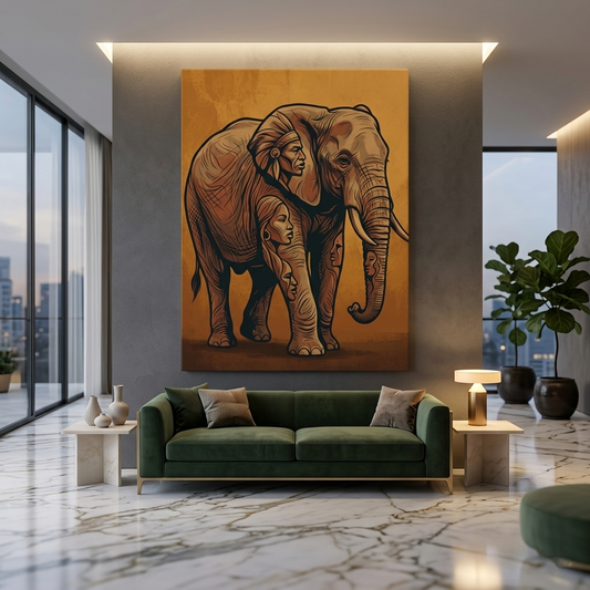 Elephant Within — Hidden Tribal Faces Optical Illusion Canvas Wall Art Prints