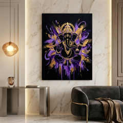 Ganesha Shakti — Violet Gold Paint Drip Canvas Wall Art Prints