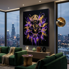 Ganesha Shakti — Violet Gold Paint Drip Canvas Wall Art Prints