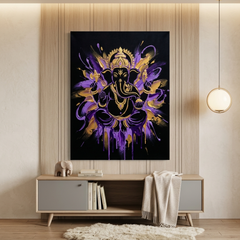 Ganesha Shakti — Violet Gold Paint Drip Canvas Wall Art Prints