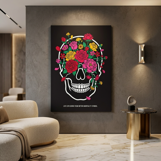Skull in Bloom — Floral Skull Conceptual Canvas Wall Art Print | Dark Floral