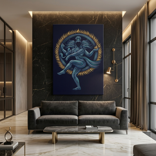 Nataraja Cosmic Dance Canvas Wall Art — Modern Line Art Shiva Print in Blue & Gold