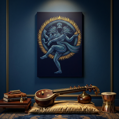 Nataraja Cosmic Dance Canvas Wall Art — Modern Line Art Shiva Print in Blue & Gold