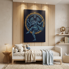 Nataraja Cosmic Dance Canvas Wall Art — Modern Line Art Shiva Print in Blue & Gold