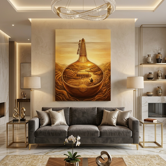 Sitar Landscape Conceptual Canvas Wall Art Prints for Music Room
