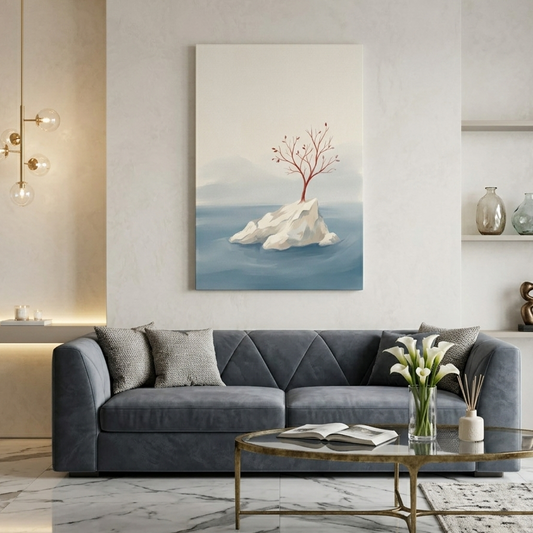 Lone Red Tree on Rock – Watercolor Art Canvas Prints