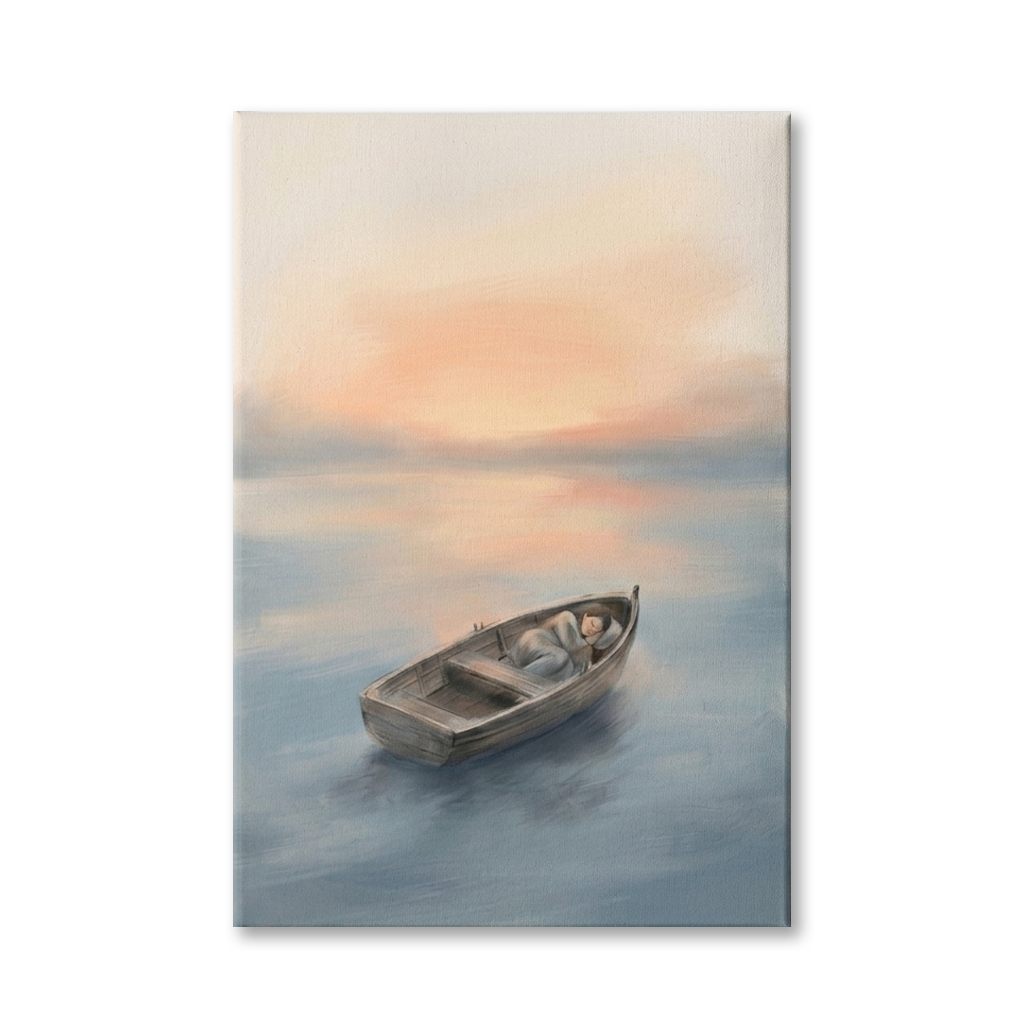 Adrift on a Sunset Sea – Watercolor Art Canvas Prints, zoom in to see the canvas