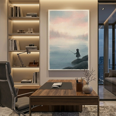 Child Fishing by Misty Water – Watercolor Art Canvas Prints