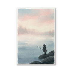 Child Fishing by Misty Water – Watercolor Art Canvas Prints