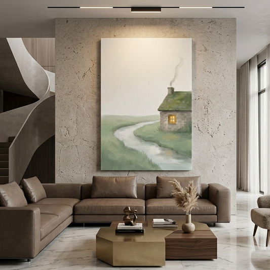 Green Cottage by the Stream – Watercolor Art Canvas Prints