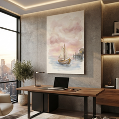 Blush Sky Sailboat Harbour Cozy Watercolor Canvas Wall Art Prints