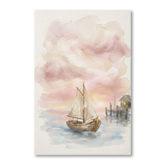 Blush Sky Sailboat Harbour Cozy Watercolor Canvas Wall Art Prints