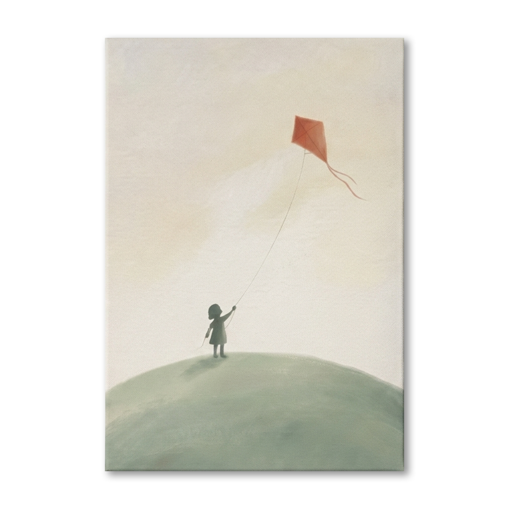 Red Kite Green Hill Cozy Watercolor Canvas Wall Art Prints, zoom in to see the canvas