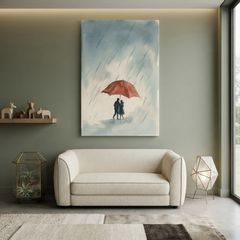 Red Umbrella Rainy Romance Cozy Watercolor Canvas Wall Art Prints