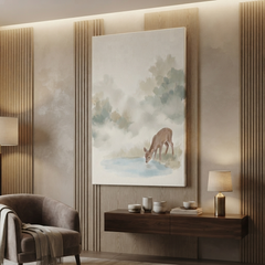 Gentle Deer at Pond Cozy Watercolor Canvas Wall Art Prints