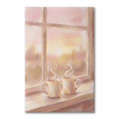 Two Mugs Sunrise Window Cozy Watercolor Canvas Wall Art Prints