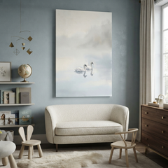Twin Swans Misty Lake Cozy Watercolor Canvas Wall Art Prints