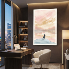 Lone Fisherman Blush Sky Cozy Watercolor Canvas Wall Art Prints