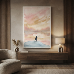Lone Fisherman Blush Sky Cozy Watercolor Canvas Wall Art Prints
