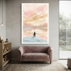 Lone Fisherman Blush Sky Cozy Watercolor Canvas Wall Art Prints