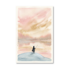 Lone Fisherman Blush Sky Cozy Watercolor Canvas Wall Art Prints
