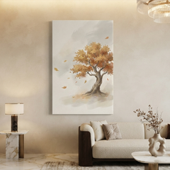 Golden Autumn Windswept Tree Cozy Watercolor Canvas Wall Art Prints