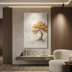 Golden Autumn Windswept Tree Cozy Watercolor Canvas Wall Art Prints