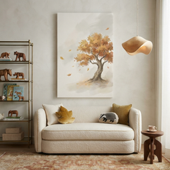 Golden Autumn Windswept Tree Cozy Watercolor Canvas Wall Art Prints